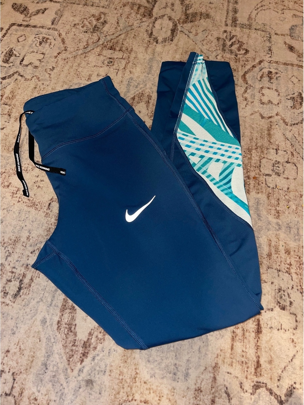 Nike Dri-FIT Running Leggings Women’s Small Blue Teal Geometric Zip Pocket